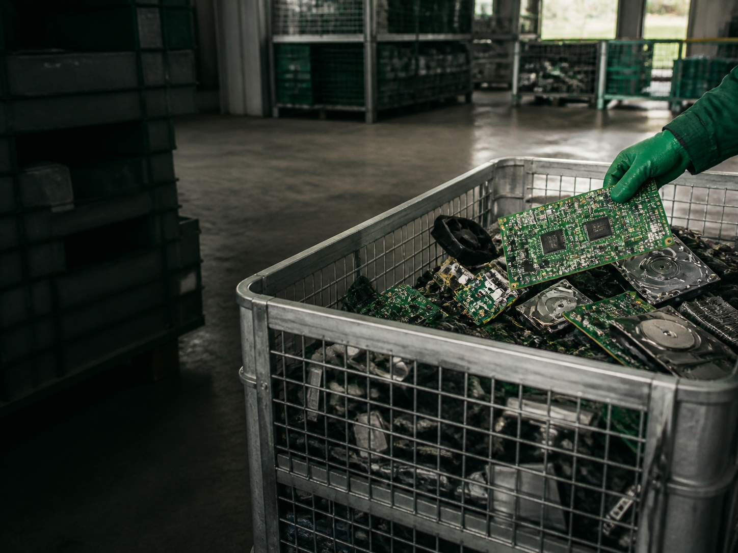 Contenedor con residuos electrónicos en una planta de reciclaje